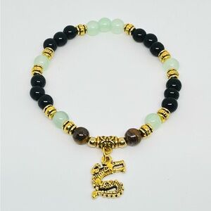 Handmade Golden Dragon Beaded Bracelet Tiger Eyes Black Green Gold 6mm